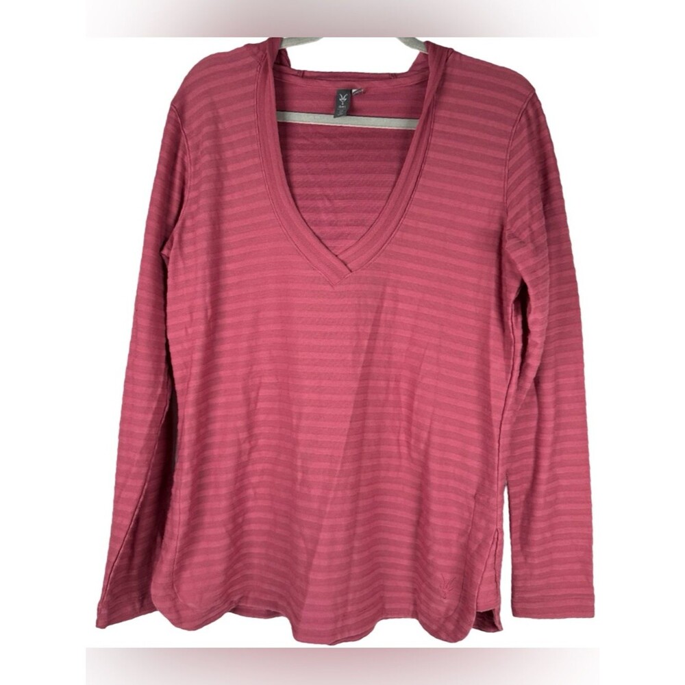 Ibex Raspberry Pink Hooded V-Neck Striped Knit Wool Blend Top Size XL
